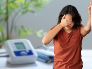 Donna con mano sulla fronte e misuratore pressione
