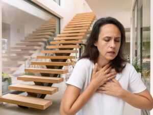 sfondo scale e donna con affanno respiro