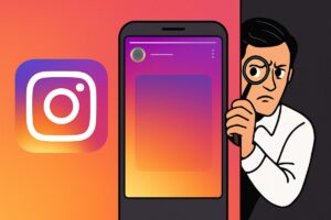 Illustrazione di un omino che spia le storie Instagram con la lente d'ingrandimento