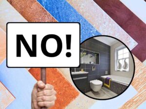 sfondo con piastrelle e cartello con scritta no e tondo con bagno