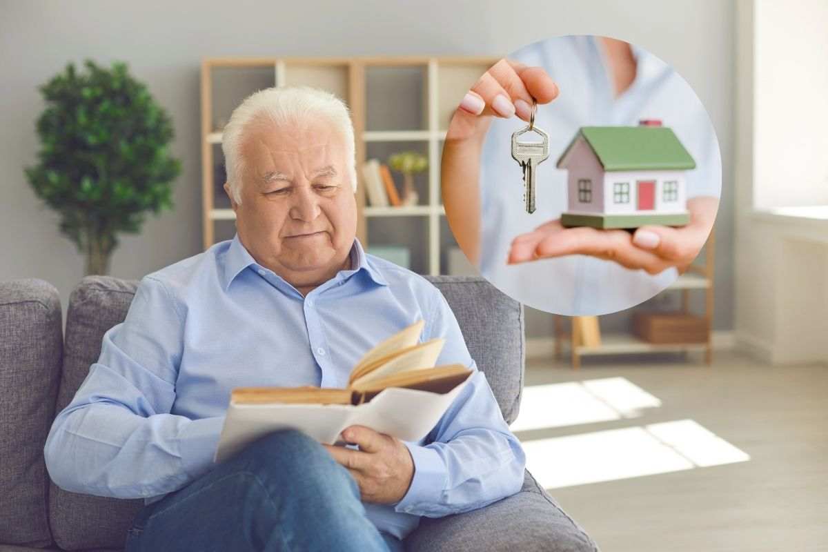 un anziano che legge e nel cerchio una casa