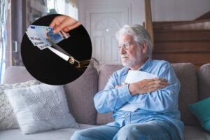 un pensionato triste e nel cerchio soldi tagliati